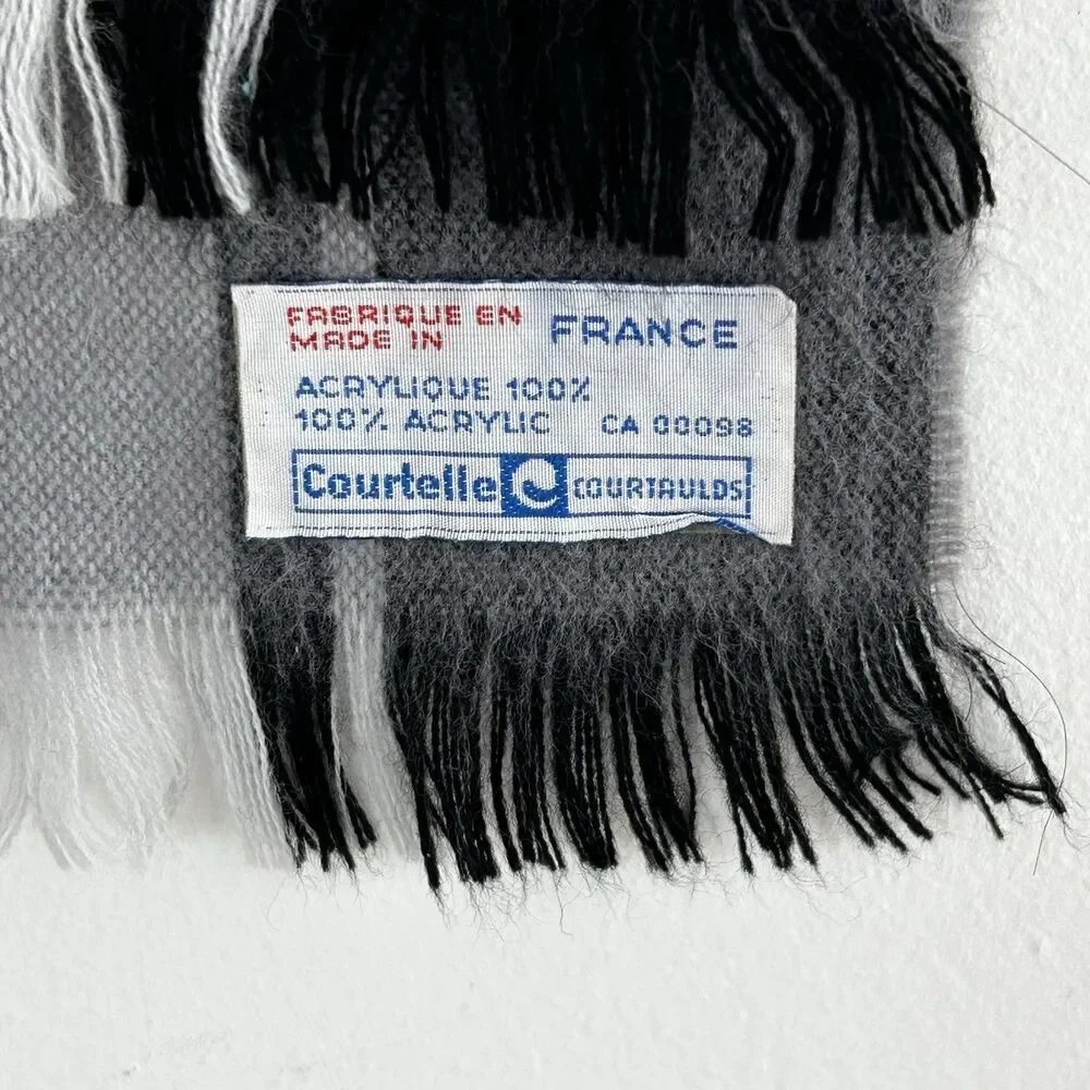 Vintage Courtelle Plaid Scarf Made in France Grey Fringed Courtaulds Preppy